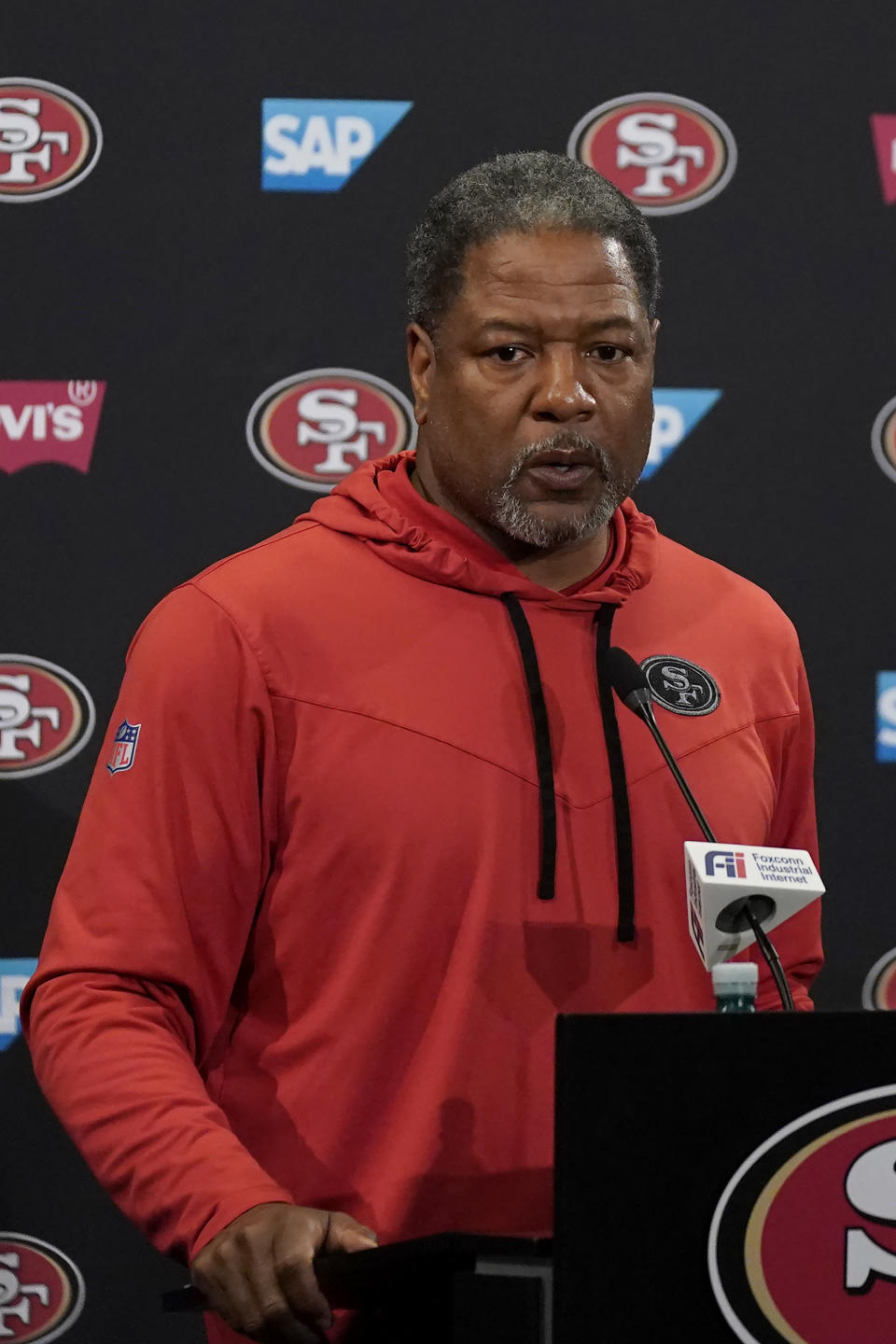 San Francisco 49ers defensive coordinator Steve Wilks speaks to reporters before the NFL football team's rookie minicamp in Santa Clara, Calif., Friday, May 12, 2023. (AP Photo/Jeff Chiu)