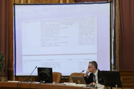 Member of the opposition Save Romania Union party, lawyer Stelian Ion, attends a meeting of the parliamentary committee aiming to modify the justice laws, in Bucharest, Romania, June 18, 2018. Picture taken June 18, 2018. To match Insight ROMANIA-POLITICS/LAW     Inquam Photos/Octav Ganea via REUTERS ATTENTION EDITORS - THIS IMAGE WAS PROVIDED BY A THIRD PARTY. ROMANIA OUT. NO COMMERCIAL OR EDITORIAL SALES IN ROMANIA.