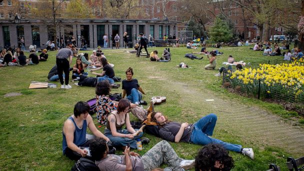 PHOTO: People gather on the grass field at Washington Square Park as tulips bloom in New York City, April 11, 2023. (David Dee Delgado/Reuters)