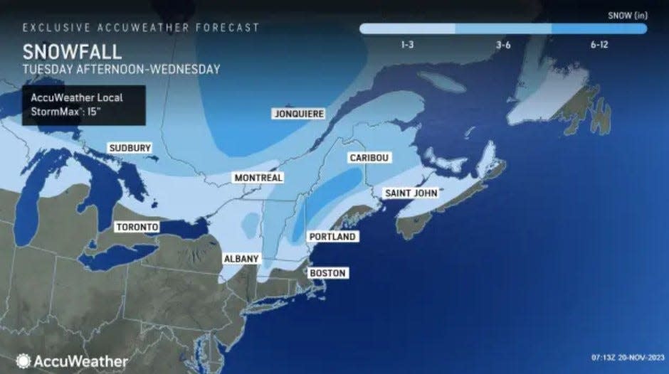 The storm will bring rain to Southern New England but 6 to 12 inches of snow if forecast for part of New Hampshire and Maine, according to AccuWeather.