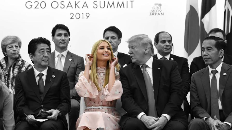 <div class="inline-image__caption"><p>"Japan's Prime Minister Shinzo Abe, advisor to the US President Ivanka Trump, US President Donald Trump and Indonesia's President Joko Widodo attend an event on women's empowerment during the G20 Summit in Osaka on June 29, 2019."</p></div> <div class="inline-image__credit">Photo Illustration by The Daily Beast/Photo by Brendan Smialowski/Getty</div>