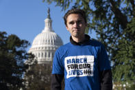 FILE - Parkland survivor and activist David Hogg poses for a photo after a rally against gun violence outside of the U.S. Supreme Court in Washington, Wednesday, Nov. 3, 2021. "There are days when I want to stop. There are days when I am exhausted. But there are days when I realize I am not alone in this work," said Hogg, who has taken months long breaks periodically to heal.(AP Photo/Jose Luis Magana, File)