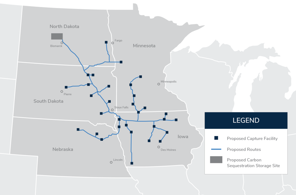 A map of Summit Carbon Solutions proposed $5.5 billion, 1,971-mile CO2 pipeline. Summit plans to resubmit an application after modifying its route.