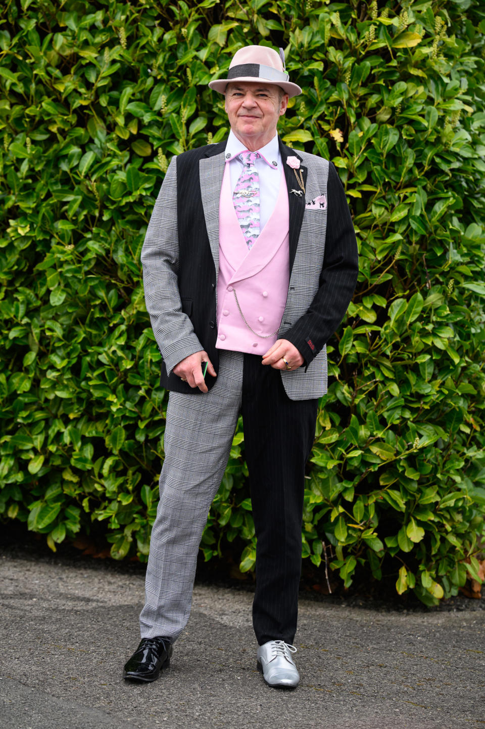 CHELTENHAM, ENGLAND - MARCH 13: Race-goer David Pullar attends Style Wednesday, day two of the Cheltenham Festival at Cheltenham Racecourse on March 13, 2024 in Cheltenham, England. This year organisers at the Cheltenham Festival have decided to re-style the traditional Ladies Day Meet calling it Style Wednesday. (Photo by Leon Neal/Getty Images)