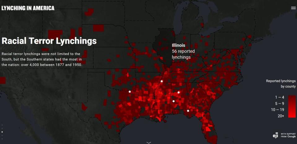 The Equal Justice Initiative’s map tells stories of people who were lynched. <a href="https://lynchinginamerica.eji.org/explore" rel="nofollow noopener" target="_blank" data-ylk="slk:Screenshot, Equal Justice Initiative;elm:context_link;itc:0;sec:content-canvas" class="link ">Screenshot, Equal Justice Initiative</a>