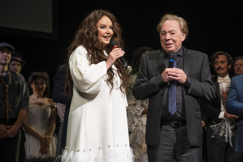 Sarah Brightman and Andrew Lloyd Webber appear at the curtain call for "The Phantom of the Opera" following the final Broadway performance at the Majestic Theatre on Sunday, April 16, 2023, in New York. (Photo by Charles Sykes/Invision/AP)