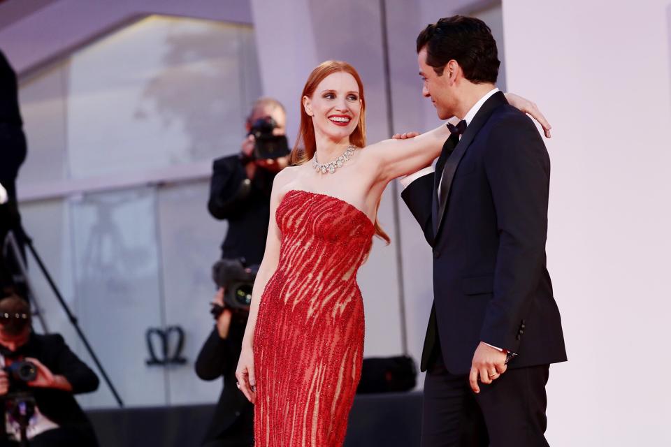 Jessica Chastain and Oscar Isaac attend the red carpet of the movie "Competencia Oficial" during the 78th Venice International Film Festival on September 04, 2021 in Venice, Italy.