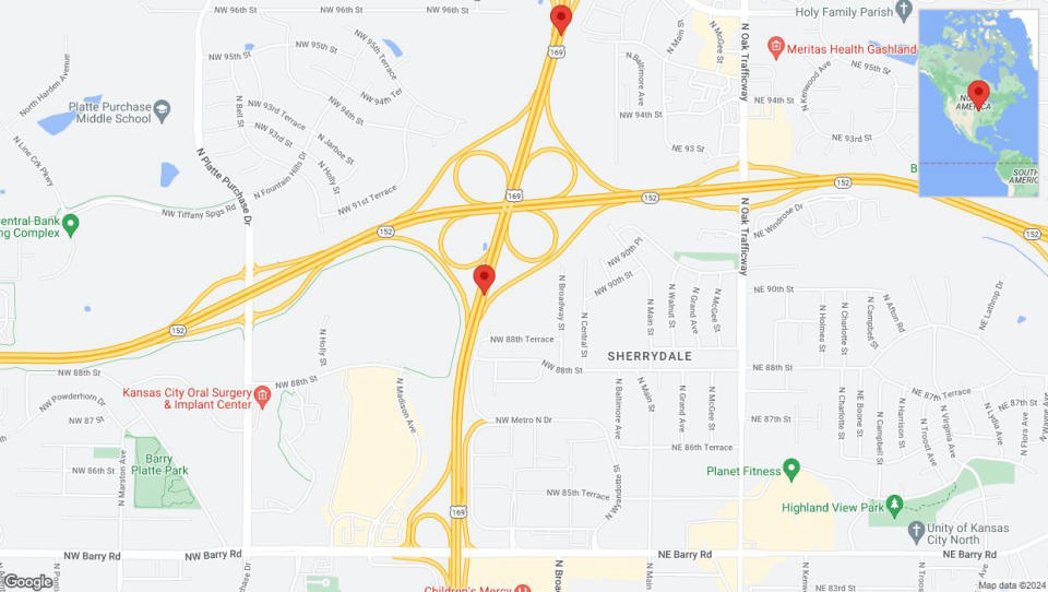 A detailed map that shows the affected road due to 'US-169 Richtung NW 96th Street' on January 8th at 10:38 p.m.