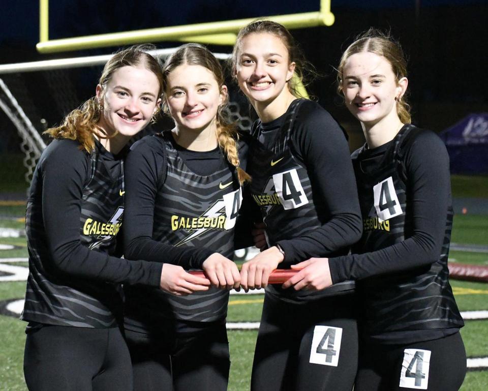 Pictured after winning a relay at the Western Big Six meet earlier this month are Ella Herchenroder, Grace Herchenroder, Lily Furrow and Taylor Herchenroder.