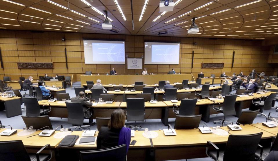 Director General of International Atomic Energy Agency, IAEA, Rafael Mariano Grossi from Argentina, arrives for the start of the IAEA board of governors meeting at the International Center in Vienna, Austria, Monday, March 1, 2021. Due to restrictions related to COVID-19, it will be organised as a virtual meeting from the IAEA. (AP Photo/Ronald Zak)