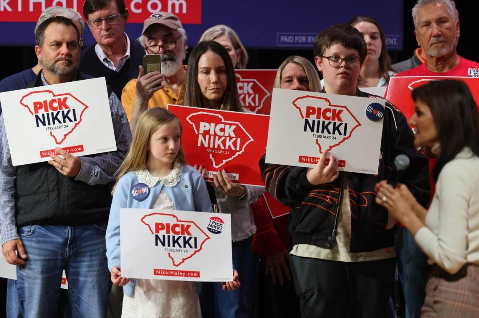 Audience members listen to U.S. Presidential candidate Nikki Haley Friday, Feb. 2, 2024 in Indian Land, S.C.