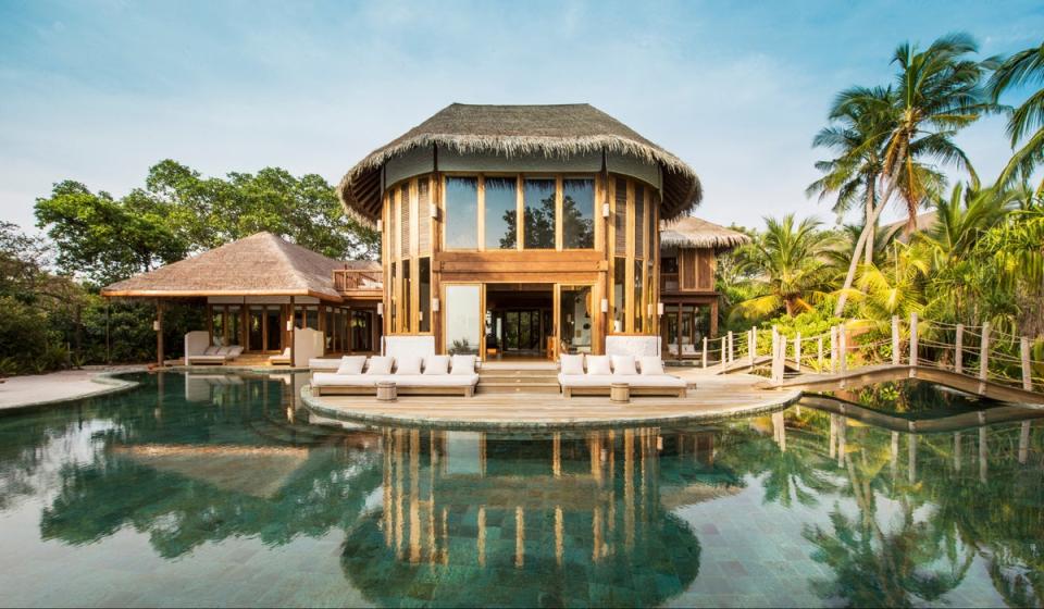 One of Soneva Fushi’s striking villas  — each has its own character and quirks; hewn from wood and featuring thatched rooftops they all feel very in-keeping with the lush, jungle vibe of the island (Soneva / Evening Standard)