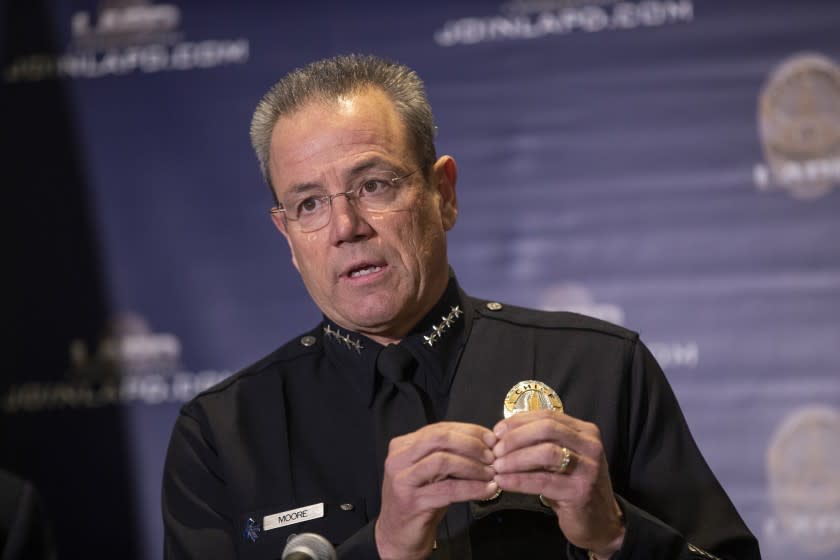 LOS ANGELES, CALIF. -- MONDAY, JANUARY 28, 2019: LAPD Chief Michel Moore announces that for the first time in five years, violent crime was down in Los Angeles in 2018, with the number of homicides on track to be among the lowest in more than 50 years during a press conference at LAPD headquarters in Los Angeles, Calif., on Jan. 28, 2019. (Allen J. Schaben / Los Angeles Times)