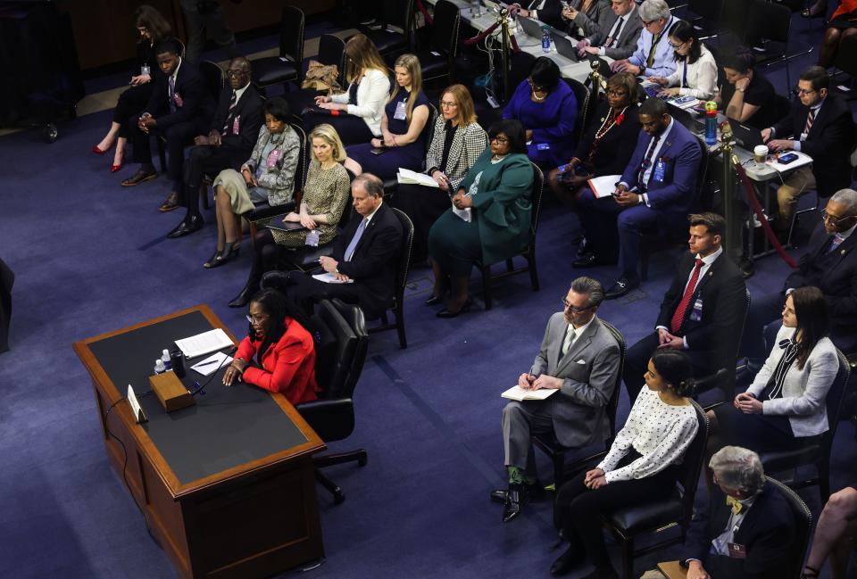 WASHINGTON, DC - MARCH 22: U.S. Supreme Court nominee Judge Ketanji Brown Jackson testifies during her confirmation hearing before the Senate Judiciary Committee in the Hart Senate Office Building on Capitol Hill March 22, 2022 in Washington, DC.