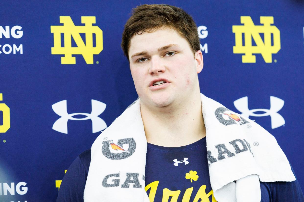 Offensive Lineman Joe Alt answers interview question during Notre Dame’s NFL Pro Day on Thursday, March 21, 2024, at Irish Athletics Center in South Bend, Indiana.