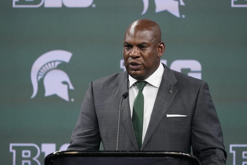 Michigan State head coach Mel Tucker talks to reporters during an NCAA college football news conference at the Big Ten Conference media days at Lucas Oil Stadium, Wednesday, July 27, 2022, in Indianapolis. (AP Photo/Darron Cummings)