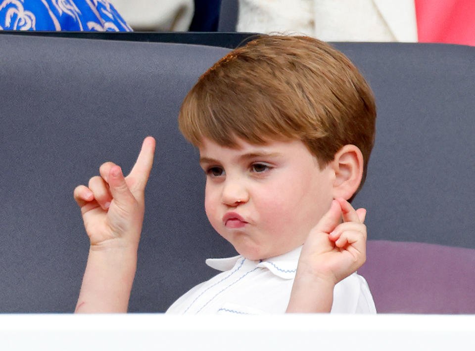 Prince Louis of Cambridge attends the Platinum Pageant on The Mall on June 5, 2022 in London, England. The Platinum Jubilee of Elizabeth II is being celebrated from June 2 to June 5, 2022, in the UK and Commonwealth to mark the 70th anniversary of the accession of Queen Elizabeth II on 6 February 1952. (Photo by Max Mumby/Indigo/Getty Images)