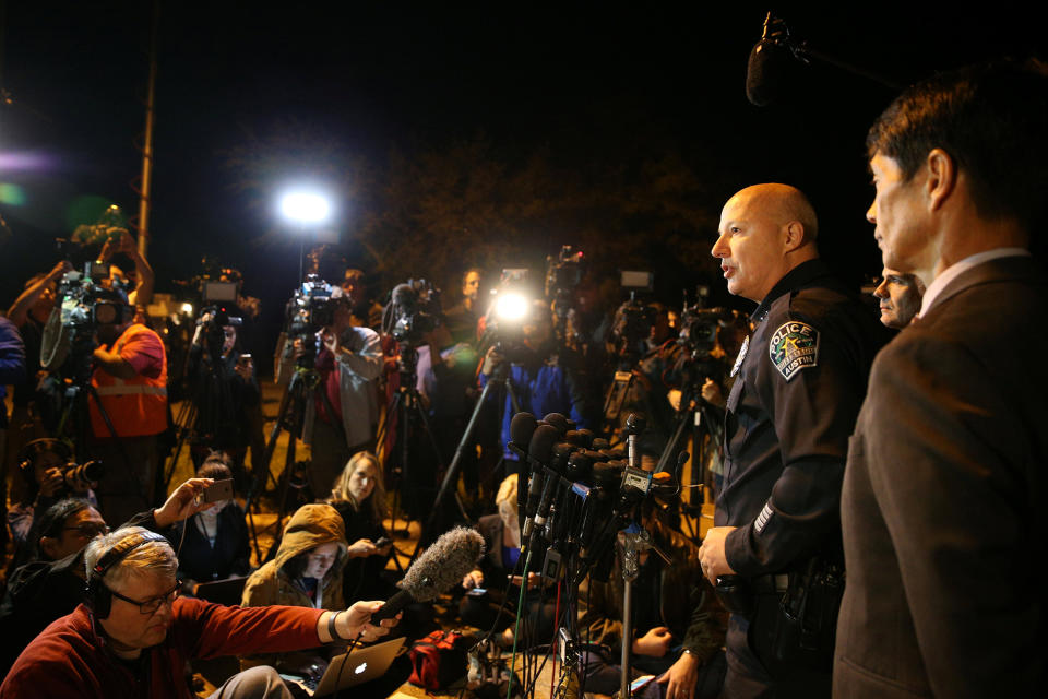 <p>Austin assistant police chief Ely Reyes addresses the media regarding an incident that law enforcement personnel said involved an incendiary device in the 9800 block of Brodie Lane in Austin, Texas, March 20, 2018. (Photo: Loren Elliott/Reuters) </p>