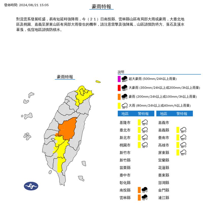 15:05大雨、豪雨特報。（圖／翻攝自中央氣象署）