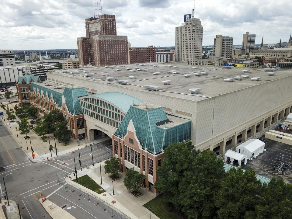 The Wisconsin Center is seen Wednesday, Aug. 5, 2020, in Milwaukee. Democratic presidential candidate former Vice President Joe will not travel to Milwaukee to accept the Democratic presidential nomination because of concerns over the coronavirus, party officials said Wednesday, signaling a move to a convention that essentially has become entirely virtual. (AP Photo/Morry Gash)