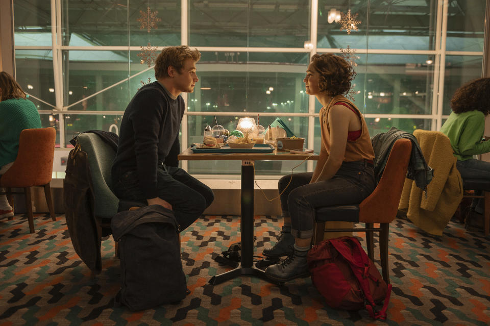 This image released by Netflix shows Ben Hardy, left, and Haley Lu Richardson in a scene from "Love at First Sight." (Netflix via AP)