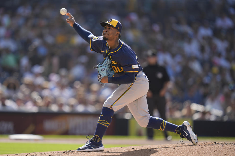 Milwaukee Brewers starting pitcher Carlos Rodriguez works against a San Diego Padres batter during the first inning of a baseball game Saturday, June 22, 2024, in San Diego. (AP Photo/Gregory Bull)