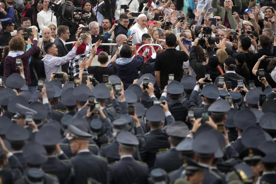 Pope Francis arrives for his weekly general audience in St. Peter's Square, at the Vatican, Wednesday, Oct. 25, 2023. (AP Photo/Gregorio Borgia)