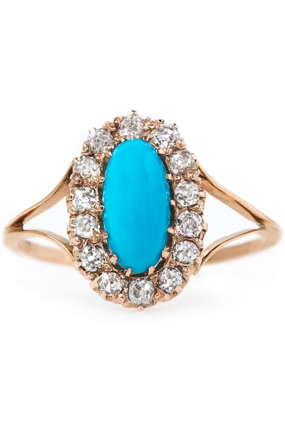 <p><em><span>Bridgeton Rose Gold and Turquoise Ring</span>, TRUMPET & HORN, $2,950 </em></p><p><a rel="nofollow noopener" href="http://www.trumpetandhorn.com/bridgeton.html" target="_blank" data-ylk="slk:BUY NOW;elm:context_link;itc:0;sec:content-canvas" class="link ">BUY NOW</a></p>