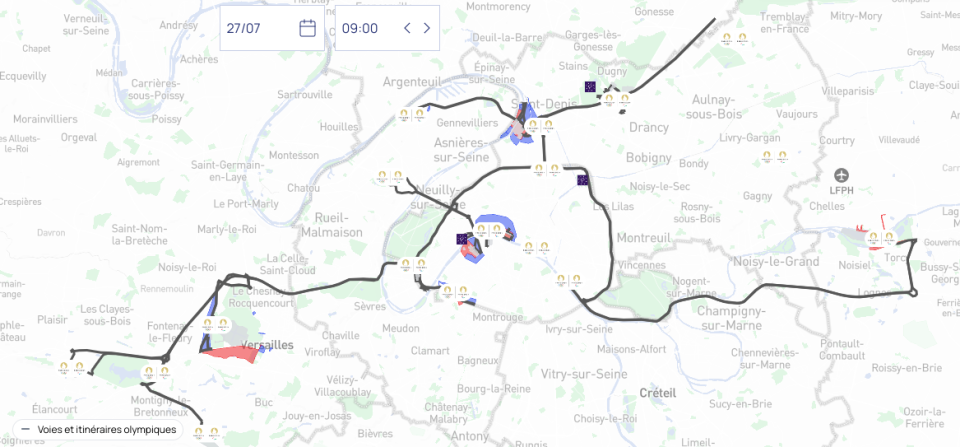 Pendant les Jeux, cette carte interactive disponible sur le site anticiperlesjeux.gouv.fr permettra de connaître en temps réel l’état du trafic pour se rendre sur les sites où se tiendront les épreuves olympiques.