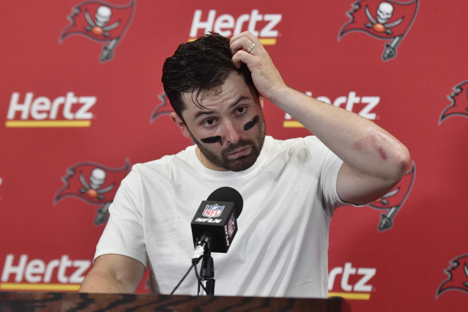 Tampa Bay Buccaneers quarterback Baker Mayfield speaks at a news conference following an NFL football game against the Buffalo Bills, Thursday, Oct. 26, 2023, in Orchard Park, N.Y. (AP Photo/Adrian Kraus)