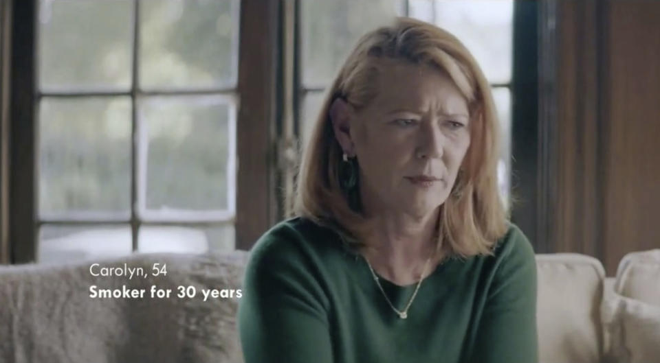 This frame from video shows Carolyn, a 54-year-old former smoker featured in recent Juul TV advertisements that tout the company’s vaping device as an alternative for middle-age smokers. Under scrutiny amid a wave of underage vaping, Juul is pushing into television with a multimillion-dollar campaign rebranding itself as a stop-smoking aid for adults trying to kick cigarettes. (Juul via AP)