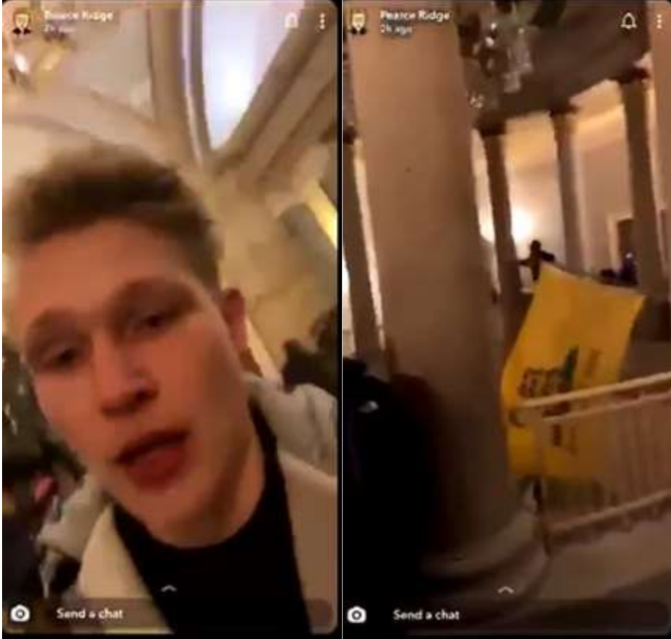 A Snapchat photo allegedly taken by Leonard Pearso Ridge IV, of Feasterville, inside the Capitol Building on Jan. 6. Ridge was arrested Friday and faces federal charges.