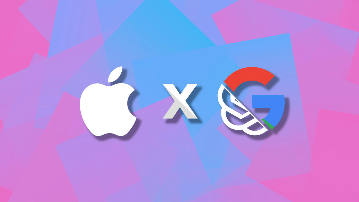  Apple logo paired with split section of Google and OpenAI logo. 