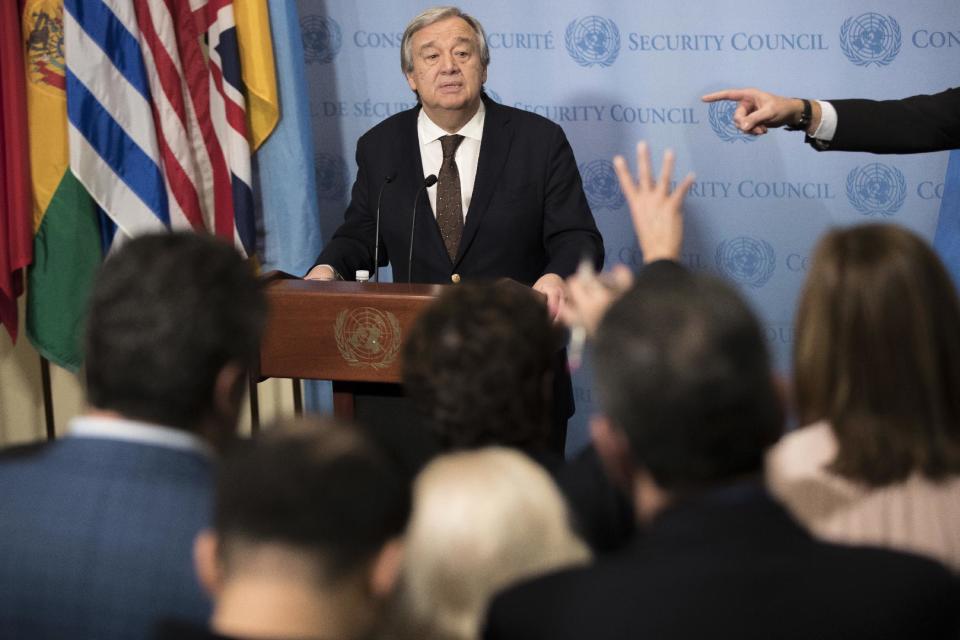 United Nations Secretary-General Antonio Guterres takes questions from reporters during a news conference, Wednesday, Feb. 1, 2017 at United Nations headquarters. (AP Photo/Mary Altaffer)