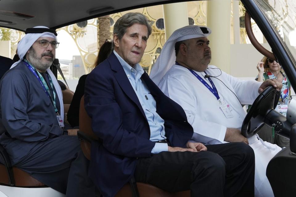 U.S. Special Presidential Climate Envoy John Kerry arrives in Dubai for the COP28 climate conference. Neither U.S. President Joe Biden nor Chinese President Xi Jinping planned to attend, but the two countries agreed to work together toward progress at COP28. <a href="https://newsroom.ap.org/detail/COP28ClimateSummit/43d2c404e17c4ba3866d98b21c700941/photo" rel="nofollow noopener" target="_blank" data-ylk="slk:AP Photo/Peter Dejong;elm:context_link;itc:0;sec:content-canvas" class="link ">AP Photo/Peter Dejong</a>