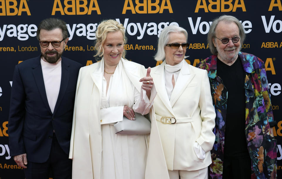FILE - Members of ABBA, from left, Bjorn Ulvaeus, Agnetha Faltskog, Anni-Frid Lyngstad and Benny Andersson arrive for the ABBA Voyage concert at the ABBA Arena in London, Thursday May 26, 2022. Albums from ABBA, Blondie and the Notorious B.I.G. are entering the National Recording Registry at the Library of Congress. They're among the 25 titles announced Tuesday, April 16, 2024, that have been selected for preservation as “defining sounds of the nation’s history and culture." (AP Photo/Alberto Pezzali, File)