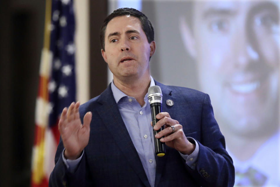 FILE - Ohio Secretary of State Frank LaRose speaks to the Fairfield County Lincoln Republican Club in Pickerington, Ohio, March 24, 2022. Former President Donald Trump's attempts to reverse the results of the 2020 election and his subsequent endorsements of candidates for state election offices who are sympathetic to his view have elevated those races to top-tier status. (AP Photo/Paul Vernon, File)