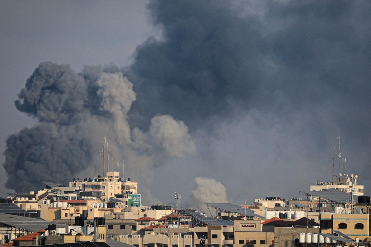 Smoke billows during Israeli strikes on Gaza City on Oct. 10, 2023. Israel said it recaptured Gaza border areas from Hamas as the war's death toll passed 3,000 on Oct. 10, the fourth day of grueling fighting since the Islamists launched a surprise attack.