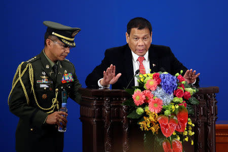 Philippines President Rodrigo Duterte makes a speech during the Philippines - China Trade and Investment Forum at the Great Hall of the People in Beijing, China, October 20, 2016. REUTERS/Wu Hong/ Pool