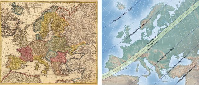 1706 Eclipse map by Homann with contemporary comparison.