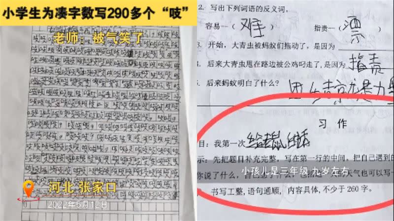 小學生為了湊字數，竟然用290個「吱」字寫成一篇作文，讓老師看了哭笑不得。（圖／翻攝自北京時間）