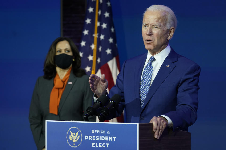 President-elect Joe Biden, joined by Vice President-elect Kamala Harris, speaks at The Queen theater, Monday, Nov. 9, 2020, in Wilmington, Del. (AP Photo/Carolyn Kaster)