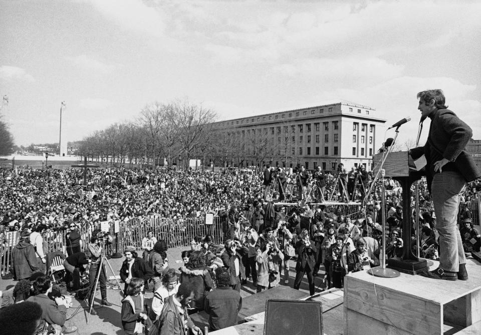 Daniel Ellsberg, chief defendant in the Pentagon Papers case, addresses an anti-war crowd in Harrisburg, Pa., on April 1, 1972.