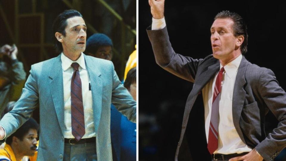 Adrien Brody as Pat Riley, and the real Pat Riley (Photo credit: HBO, Getty Images)