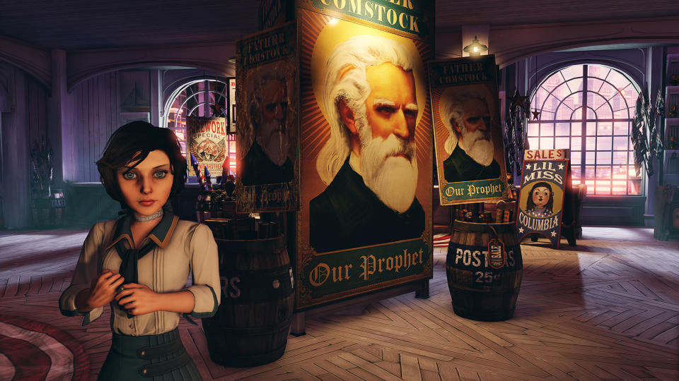 FILE - This publicity file photo released by 2K Games/Irrational Games shows the character, Elizabeth, in a scene from the video game "BioShock Infinite." With an enterprising blend of art and technology, the creators of "BioShock Infinite" have aspirations that she’ll be the most human-like character to ever appear in a video game. (AP Photo/2K Games/Irrational Games, File)