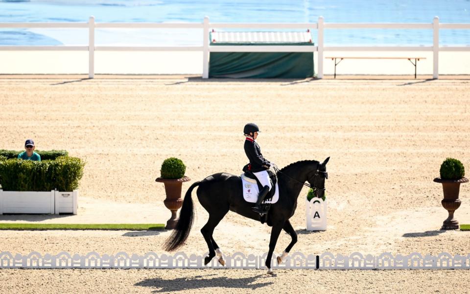 Paris , France - 6 September 2024; Sophie Wells of Team Great Britain on Ljt Egebjerggards Samoa during the Grade V team event on day nine of the Paris 2024 Paralympic Games at ChÃ¢teau de Versailles in Paris, France