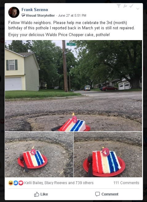 Frank Sereno of Kansas City honored a pothole on his street with a birthday celebration when city officials were slow to fix it. (Screenshot: Courtesy of Frank Sereno)