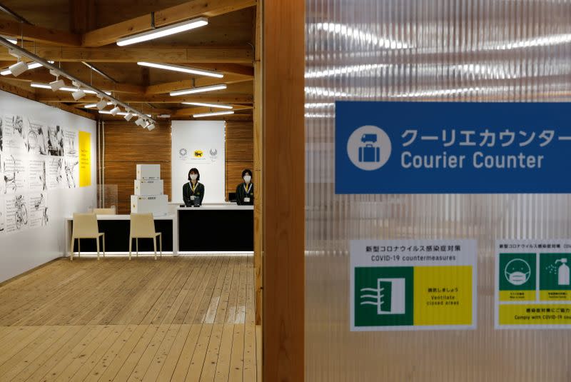 A courier counter at the village plaza of the Tokyo 2020 Olympic and Paralympic Village is pictured in Tokyo