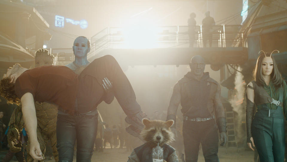 (L-R): Sean Gunn as Kraglin, Groot (voiced by Vin Diesel), Chris Pratt as Peter Quill/Star-Lord, Karen Gillan as Nebula, Rocket (voiced by Bradley Cooper), Dave Bautista as Drax, and Pom Klementieff as Mantis in Marvel Studios' Guardians of the Galaxy Vol. 3