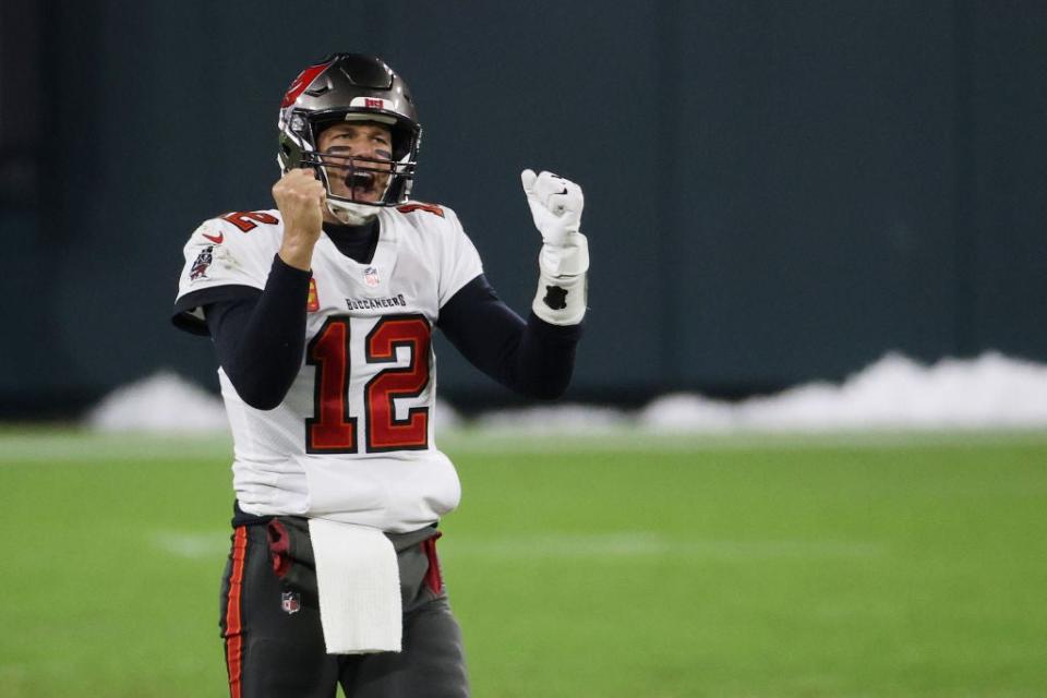 Tom Brady of the Tampa Bay Buccaneers celebrates victory over the Green Bay PackersGetty